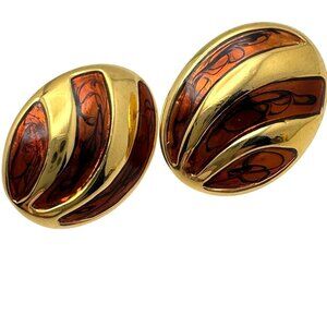 Vintage Napier Enamel Gold & Brown Oval Post Earrings Classic Design